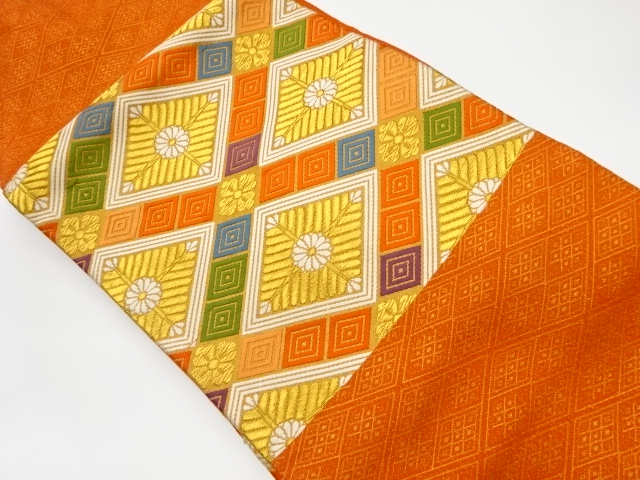 JAPANESE KIMONO / VINTAGE NAGOYA OBI / WOVEN KIKU & RHOMBUS WITH YOUNG PINE